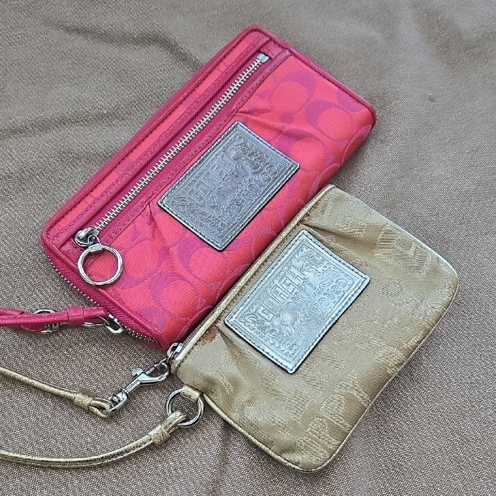 Coach Poppy Pink and Gold Signature Wristlet Duo